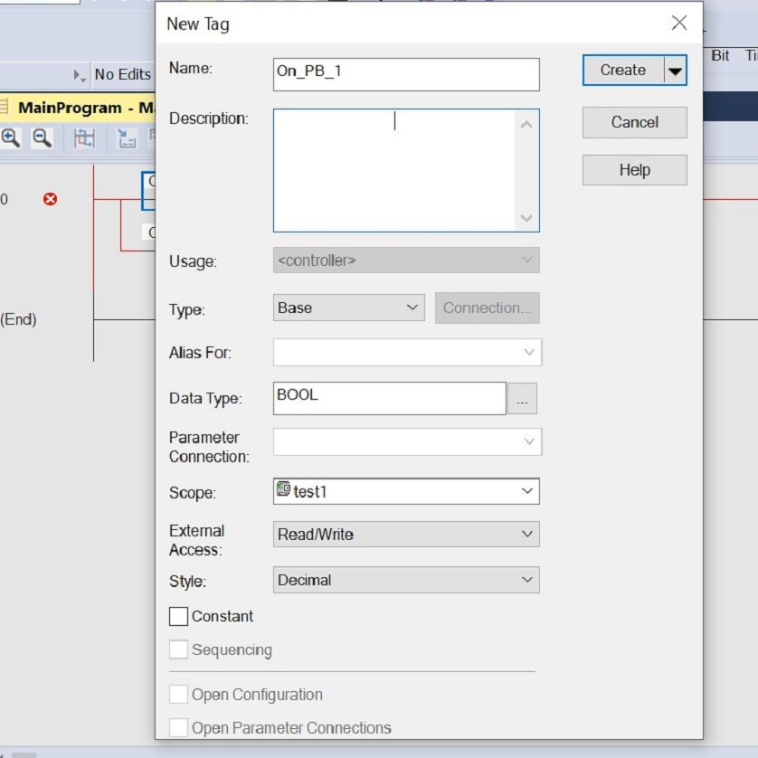Figure 2 - Data Types in PLC Programming | Latching Circuit Tag Creation