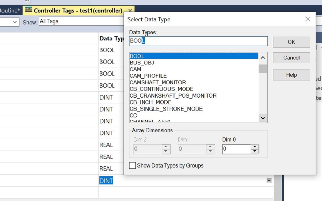 Figure 7 - Data Types in PLC Programming | Creating Tags in Controller Scope specifying Data Types